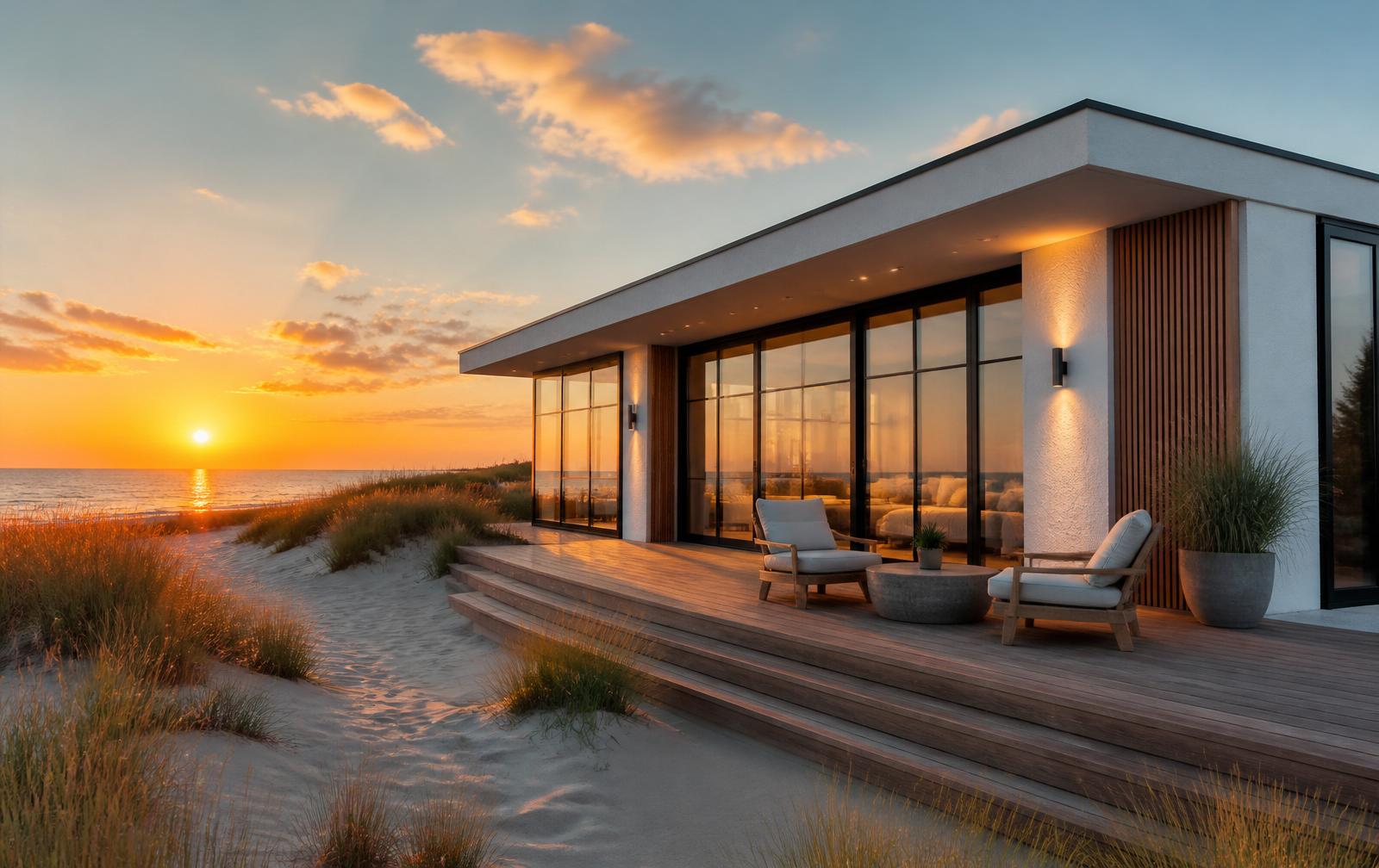 A modern ADU tucked into beach grass on Long Island at sunset, with the ocean behind it and warm golden light.