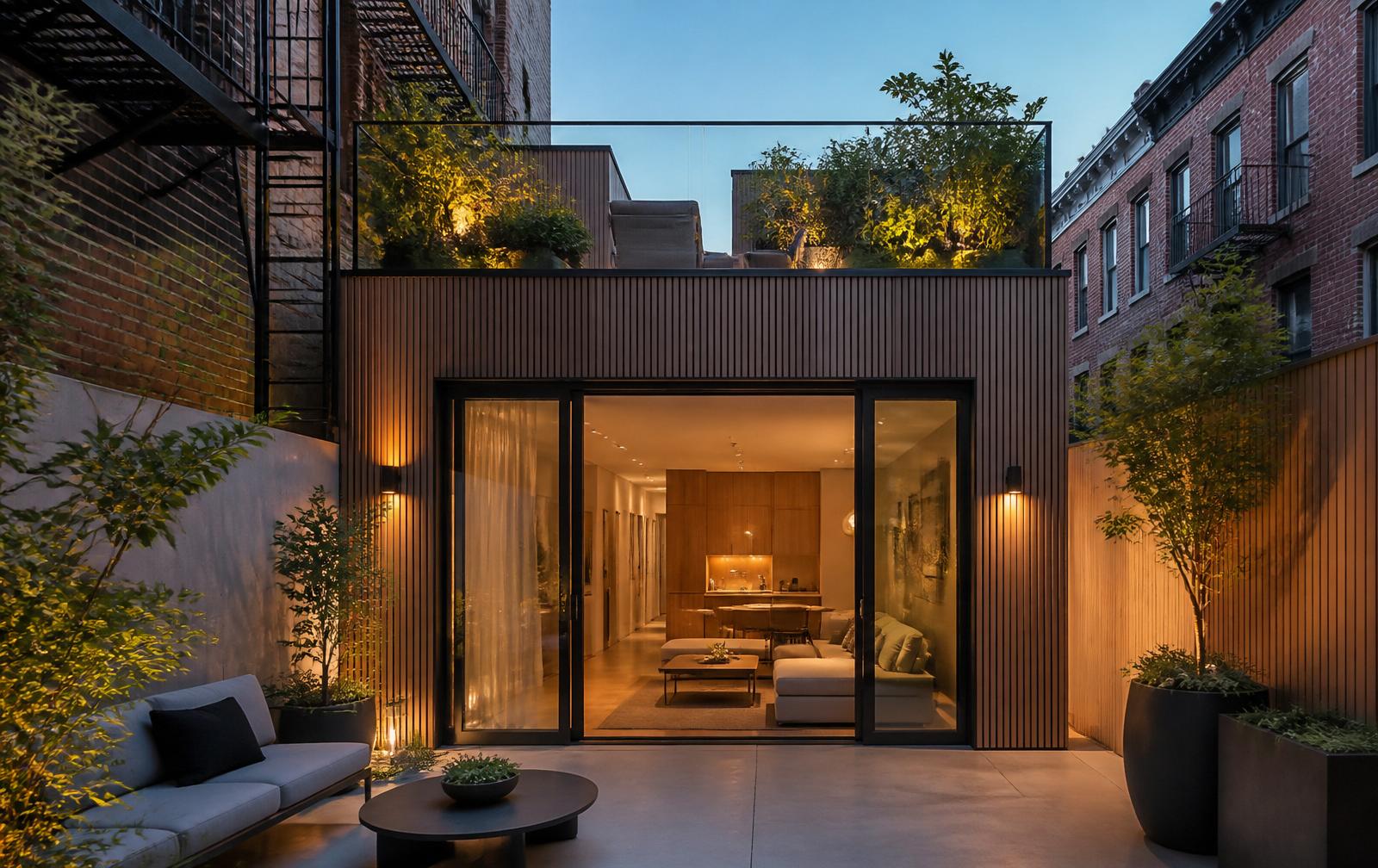 A compact modern ADU in a narrow Queens backyard between brick rowhouses, with potted plants and a fire escape overhead.