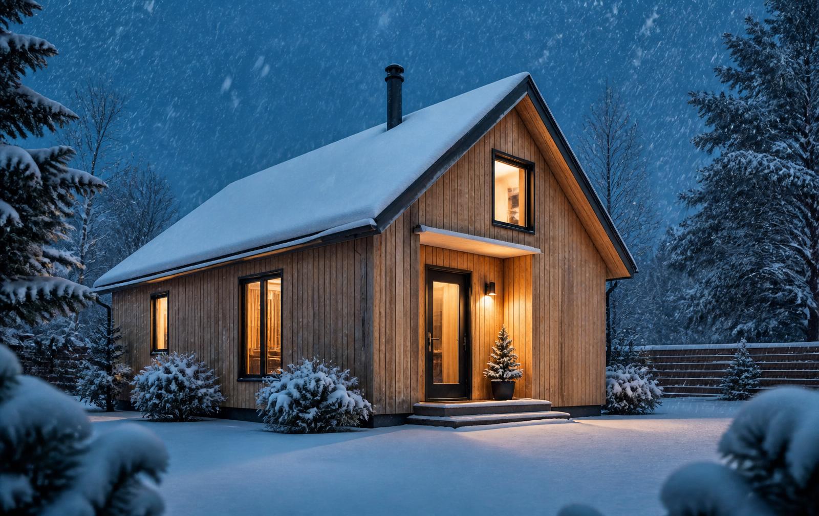 A modern ADU in Syracuse, New York, blanketed in heavy snow with warm amber interior light glowing against the blue winter dusk.